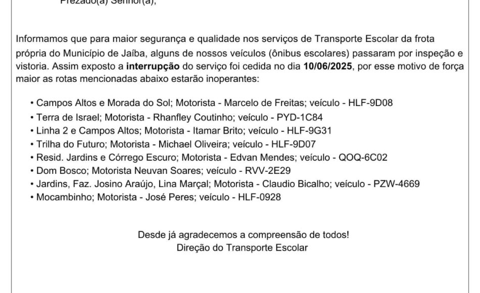 Educação de Jaíba em colapso: transporte escolar irregular e suspensão de linhas prejudicam alunos