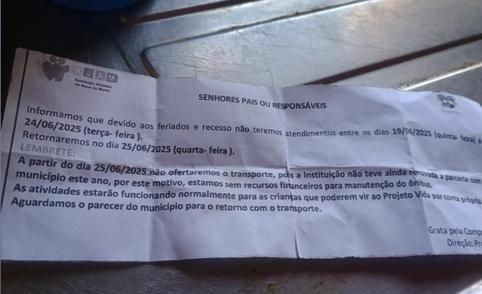 Projeto Vida em risco de fechar por falta de repasse da Prefeitura